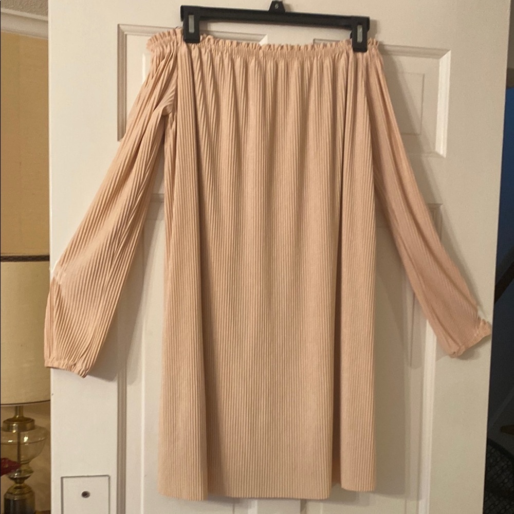 So pretty!  Off shoulder long sleeve pleated mini  dress. Size M.  blush color